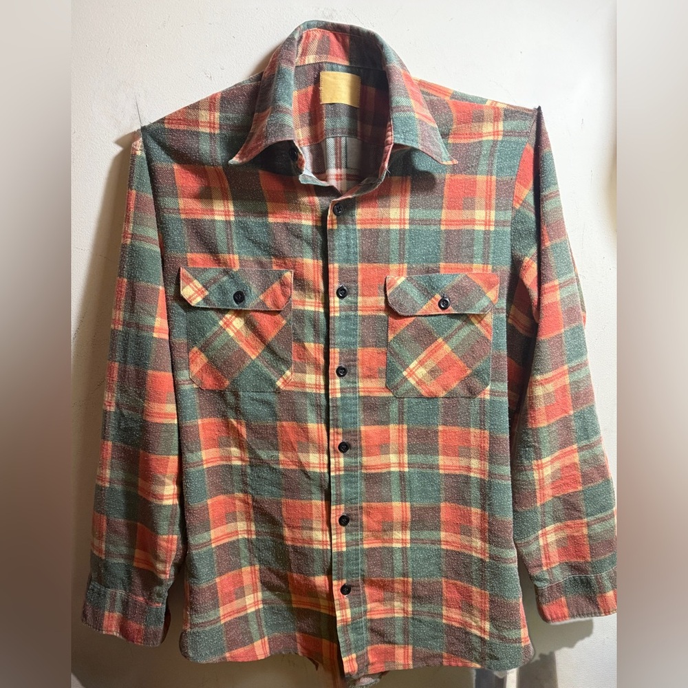 VINTAGE FLANNEL BUTTON DOWN. FADED TAG GREEN/ORANGE